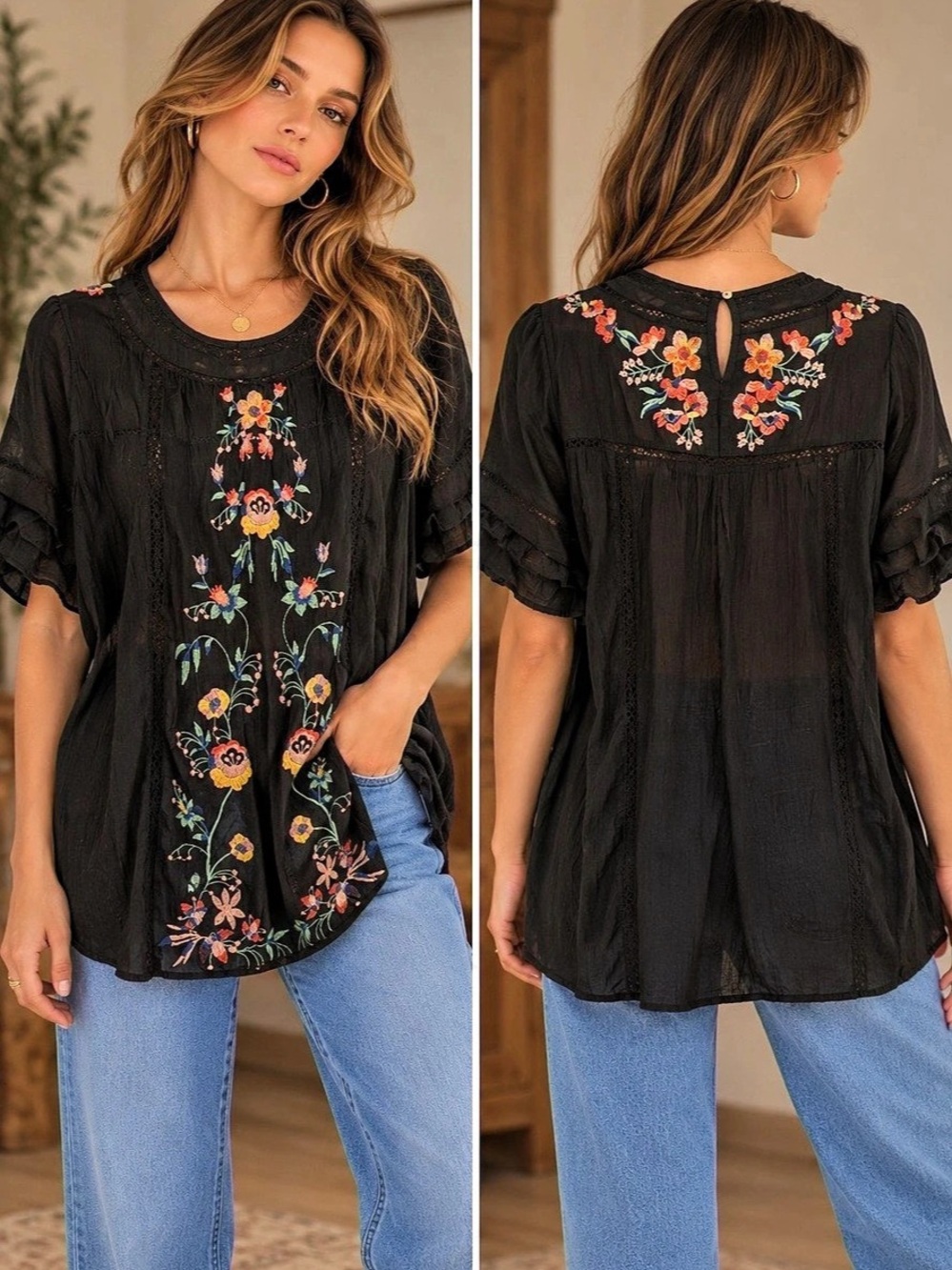 Umgee Black Embroidered Tunic (070707) 🌼